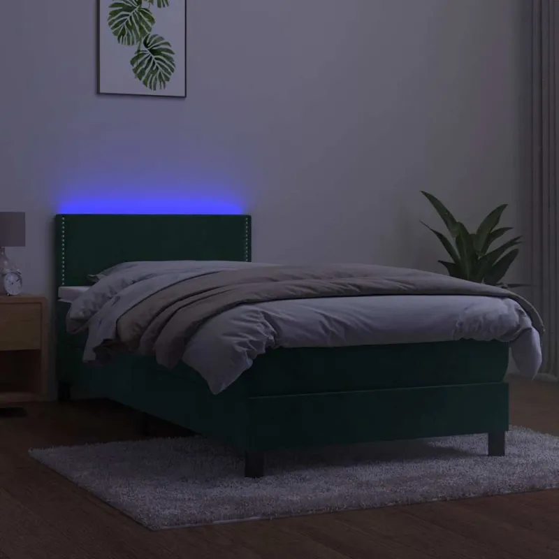 Lova su spyruokliniu/čiužiniu/LED, tamsiai žalia, 80x200cm, aksominė