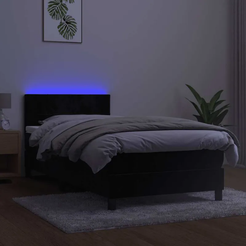 Lova su spyruokliniu/čiužiniu/LED, juoda, 90x200 cm, aksominė