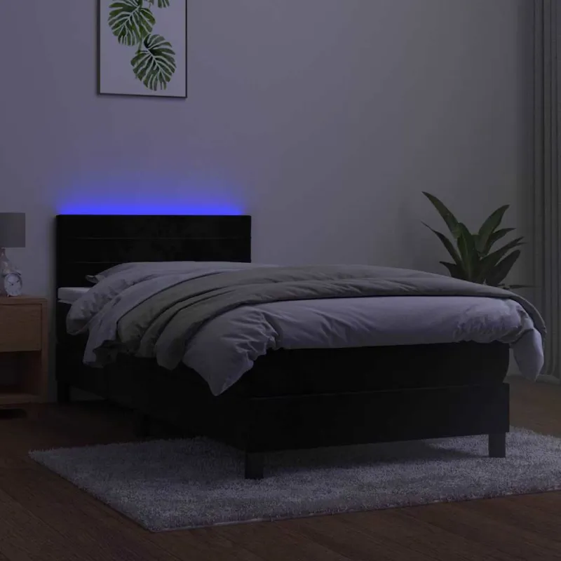 Lova su spyruokliniu/čiužiniu/LED, juoda, 90x200 cm, aksominė