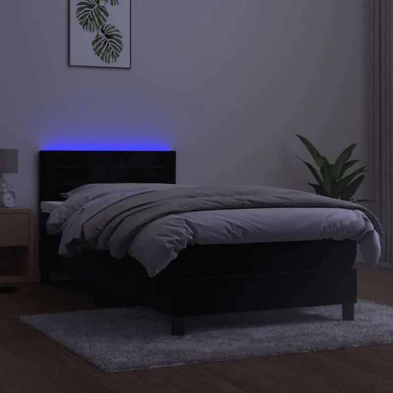 Lova su spyruokliniu/čiužiniu/LED, juoda, 100x200 cm, aksominė