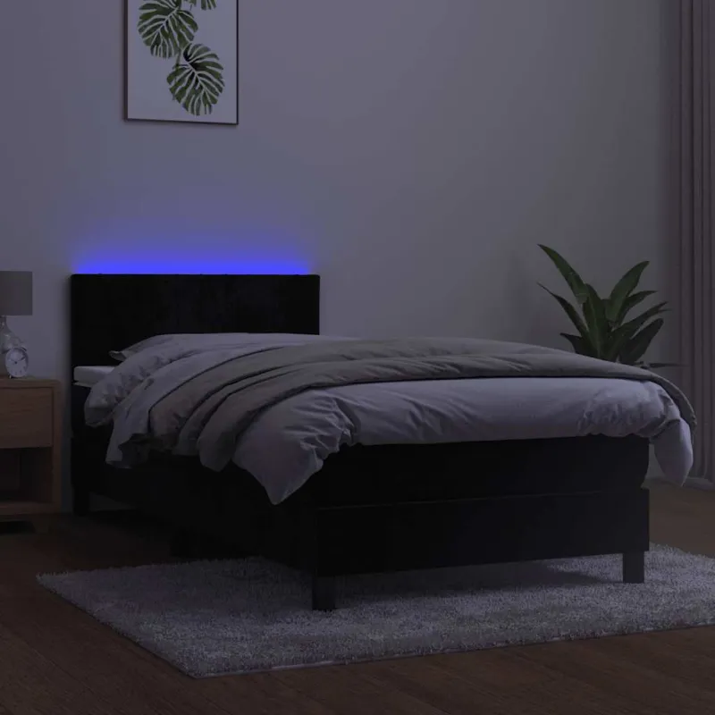Lova su spyruokliniu/čiužiniu/LED, juoda, 80x200 cm, aksominė