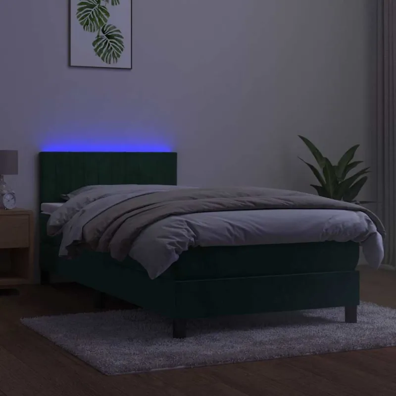 Lova su spyruokliniu/čiužiniu/LED, tamsiai žalia, 90x190 cm, aksomas