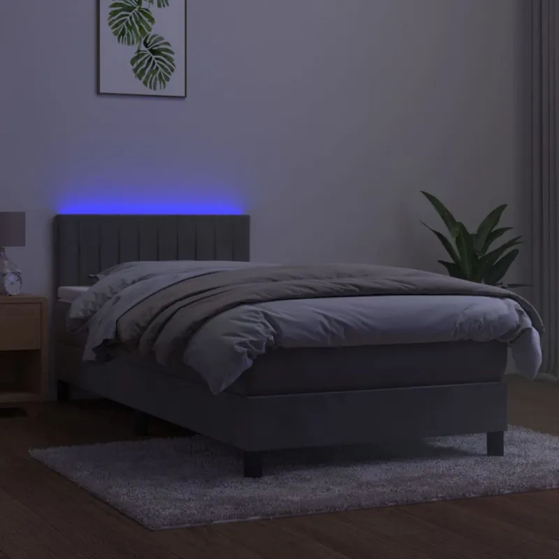 Lova su spyruokliniu/čiužiniu/LED, šviesiai pilka, 100x200 cm, aksomas