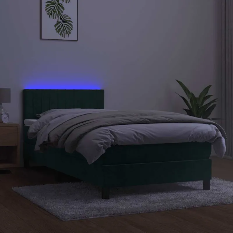 Lova su spyruokliniu/čiužiniu/LED, tamsiai žalia, 100x200cm, aksomas