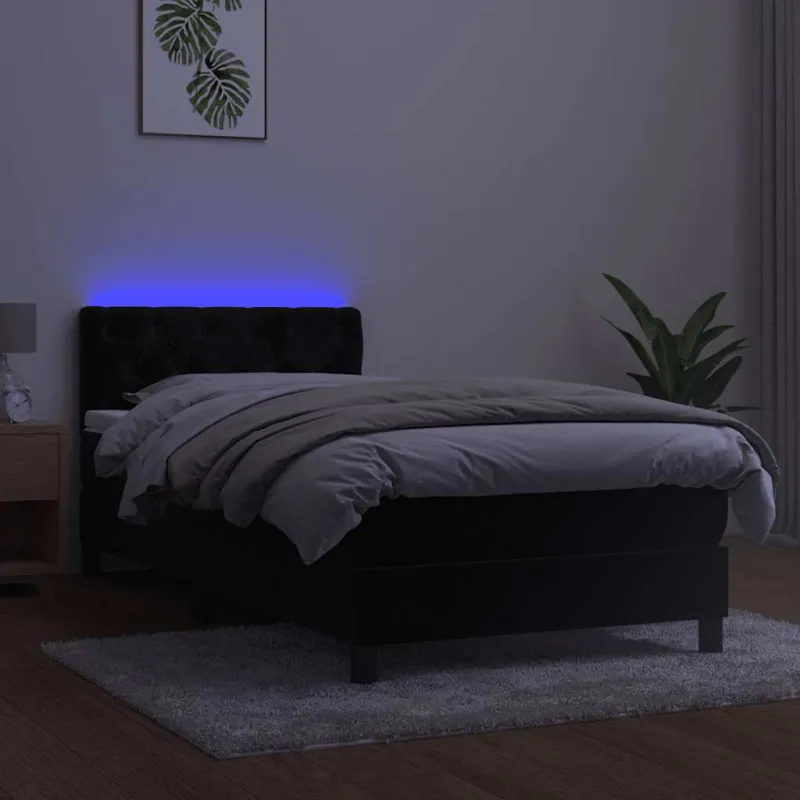 Lova su spyruokliniu/čiužiniu/LED, juoda, 80x200 cm, aksominė