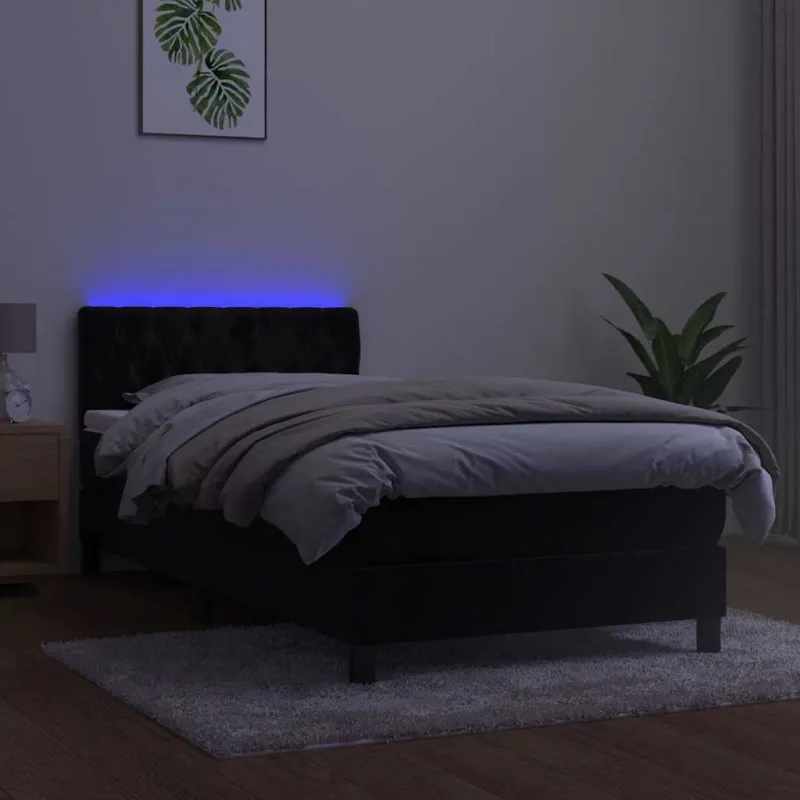 Lova su spyruokliniu/čiužiniu/LED, juoda, 90x190 cm, aksominė
