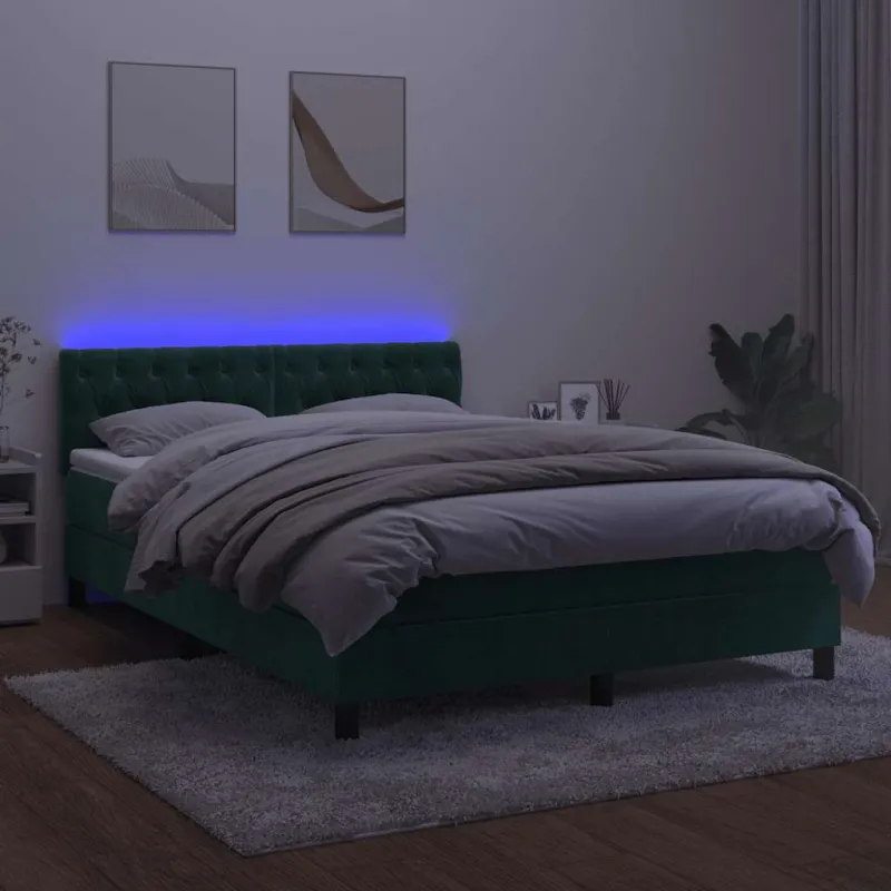Lova su spyruokliniu/čiužiniu/LED, tamsiai žalia, 140x200cm, aksominė