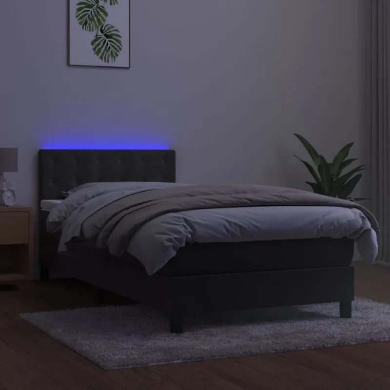 Lova su spyruokliniu/čiužiniu/LED, tamsiai pilka, 80x200cm, aksomas