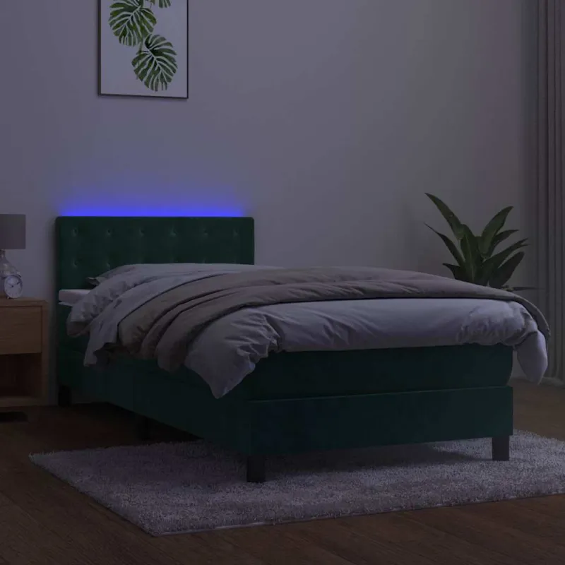 Lova su spyruokliniu/čiužiniu/LED, tamsiai žalia, 80x200cm, aksominė