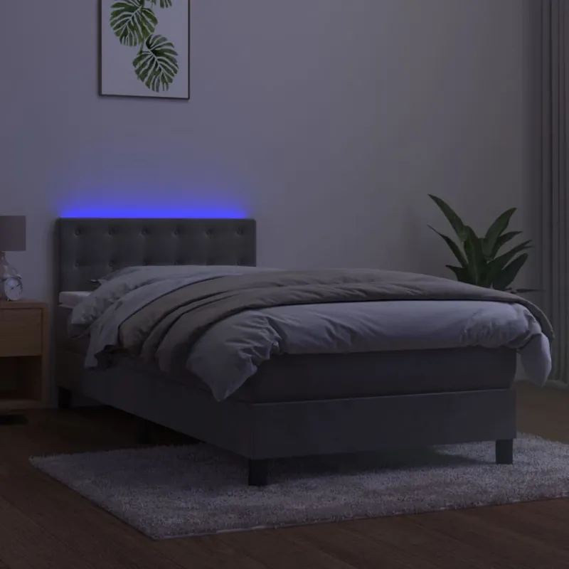 Lova su spyruokliniu/čiužiniu/LED, šviesiai pilka, 90x190 cm, aksomas