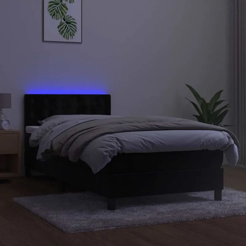 Lova su spyruokliniu/čiužiniu/LED, juoda, 90x200 cm, aksominė