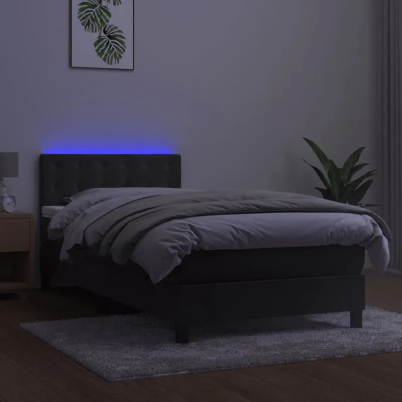 Lova su spyruokliniu/čiužiniu/LED, tamsiai pilka, 100x200 cm, aksomas