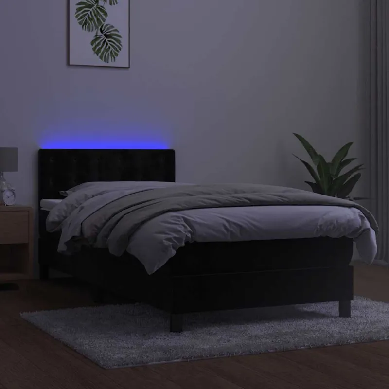 Lova su spyruokliniu/čiužiniu/LED, juoda, 100x200 cm, aksominė