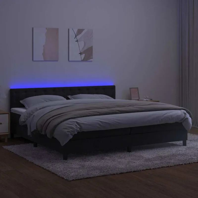 Lova su spyruokliniu/čiužiniu/LED, juoda, 200x200 cm, aksominė