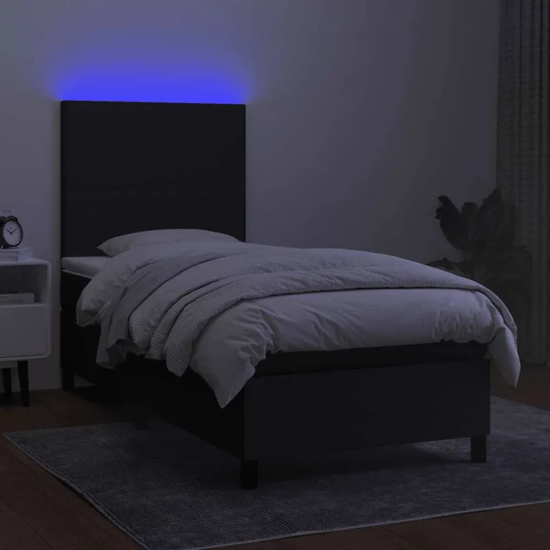 Lova su spyruoklėmis/čiužiniu/LED, juoda, 90x200 cm, audinys