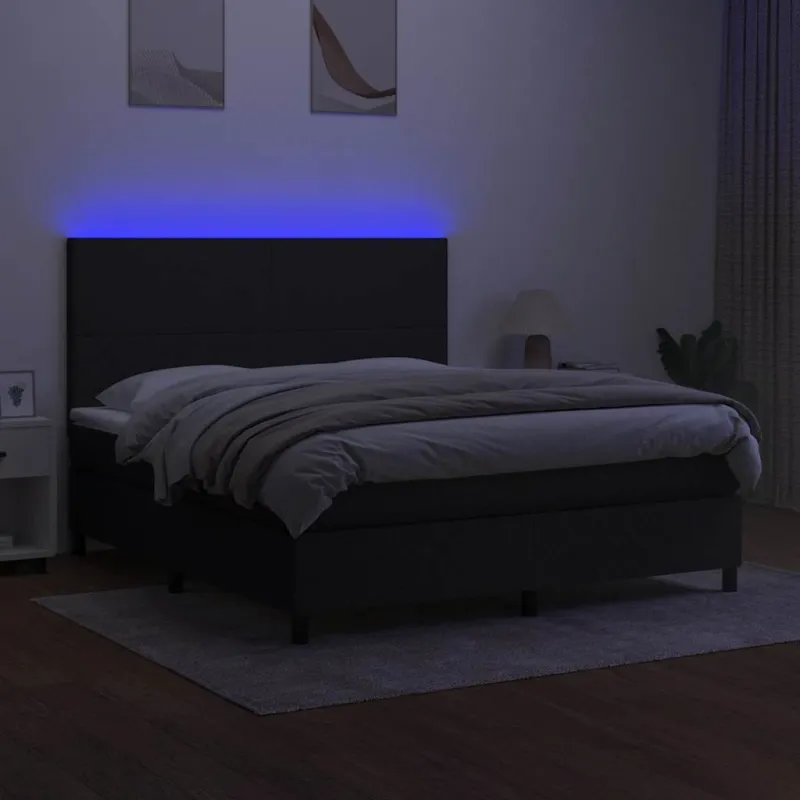 Lova su spyruoklėmis/čiužiniu/LED, juoda, 160x200 cm, audinys