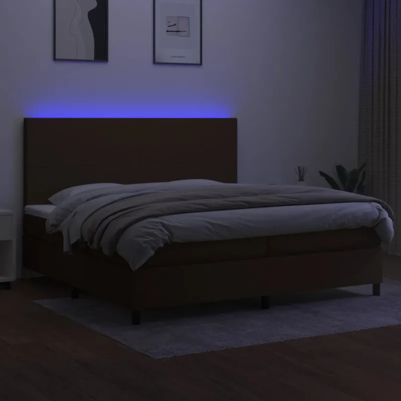 Lova su spyruoklėmis/čiužiniu/LED, ruda, 200x200 cm, audinys