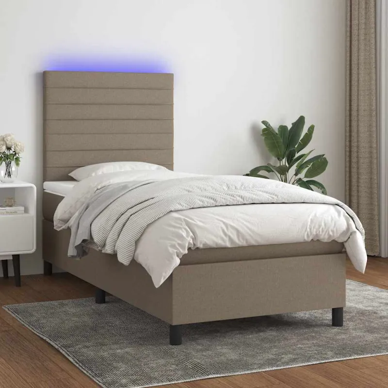 Lova su spyruoklėmis/čiužiniu/LED, taupe, 90x190 cm, audinys