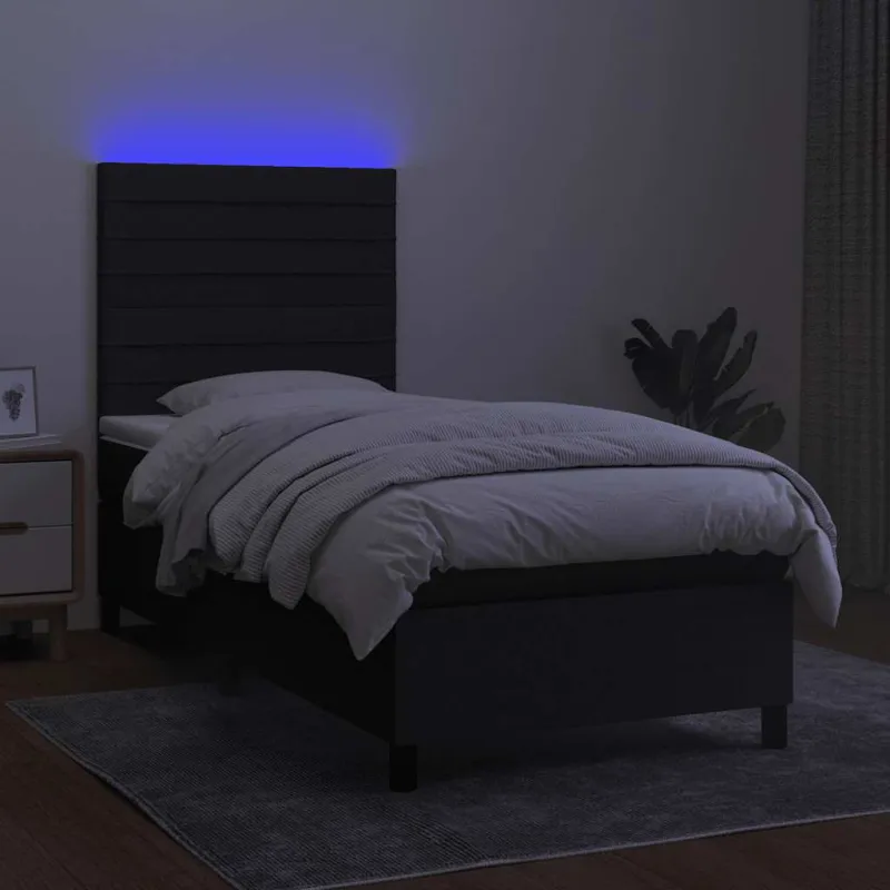 Lova su spyruoklėmis/čiužiniu/LED, juoda, 90x200 cm, audinys