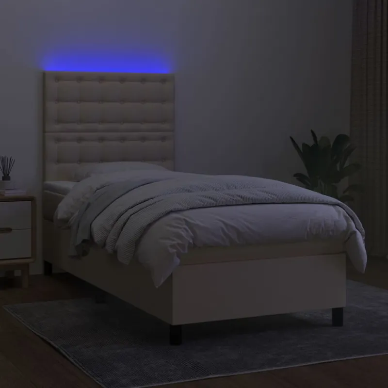 Lova su spyruoklėmis/čiužiniu/LED, kreminė, 90x190 cm, audinys