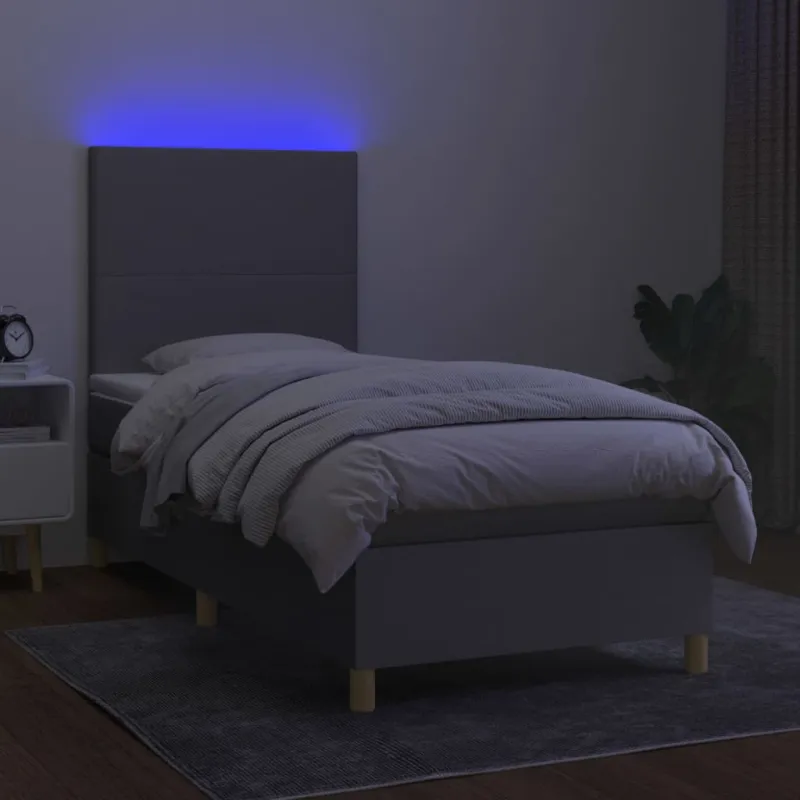 Lova su spyruoklėmis/čiužiniu/LED, pilka, 90x190 cm, audinys
