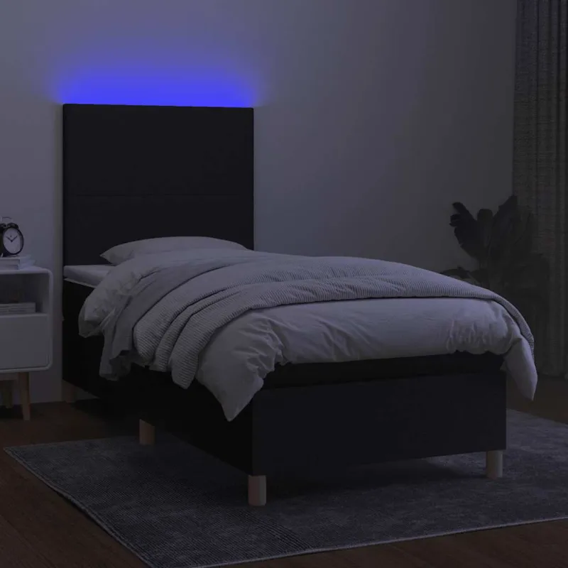 Lova su spyruoklėmis/čiužiniu/LED, juoda, 100x200 cm, audinys