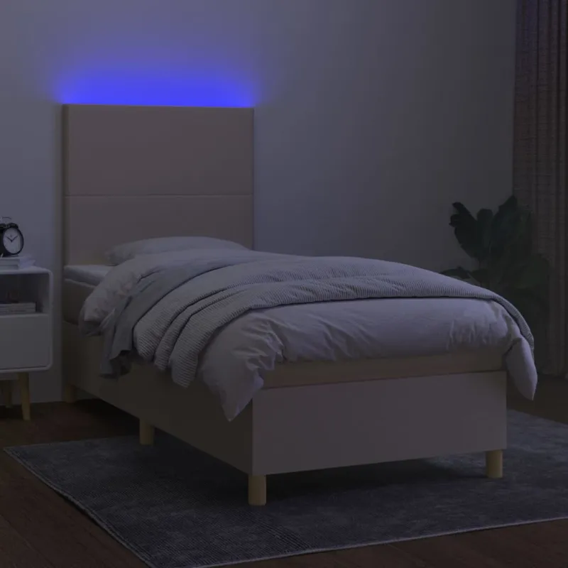 Lova su spyruoklėmis/čiužiniu/LED, kreminė, 100x200 cm, audinys