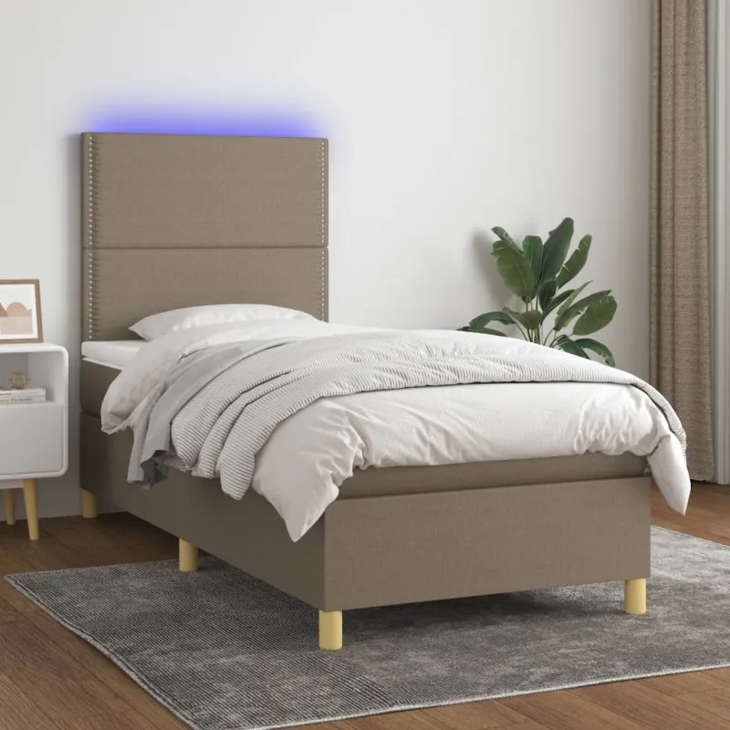 Lova su spyruoklėmis/čiužiniu/LED, taupe, 90x190 cm, audinys