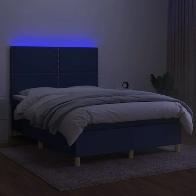 Lova su spyruoklėmis/čiužiniu/LED, mėlyna, 140x200 cm, audinys