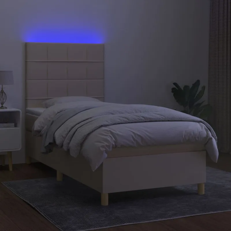 Lova su spyruoklėmis/čiužiniu/LED, kreminė, 100x200 cm, audinys
