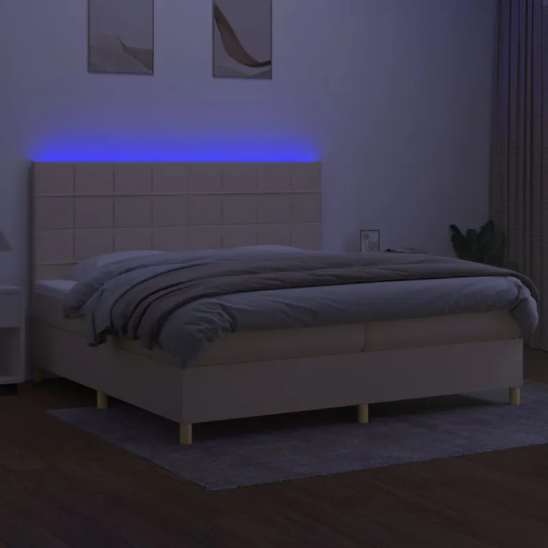 Lova su spyruoklėmis/čiužiniu/LED, kreminė, 200x200 cm, audinys