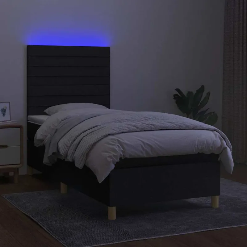 Lova su spyruoklėmis/čiužiniu/LED, juoda, 100x200 cm, audinys