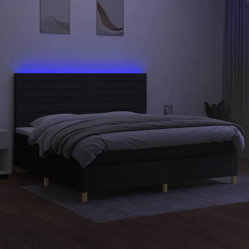 Lova su spyruoklėmis/čiužiniu/LED, juoda, 200x200 cm, audinys