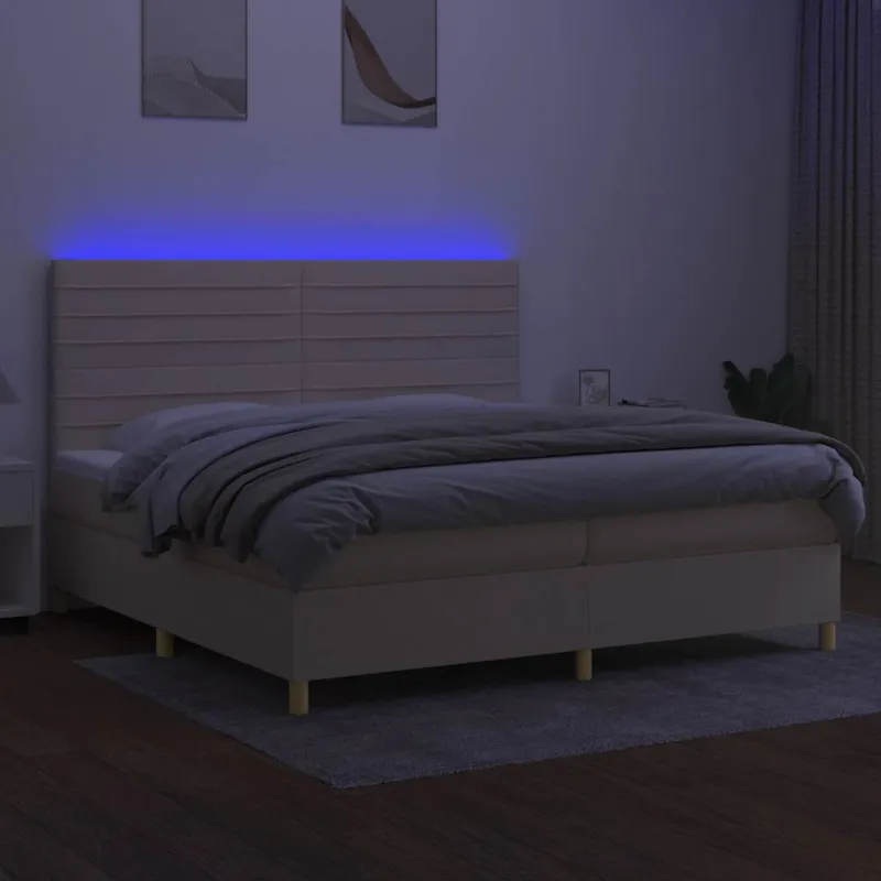 Lova su spyruoklėmis/čiužiniu/LED, kreminė, 200x200 cm, audinys