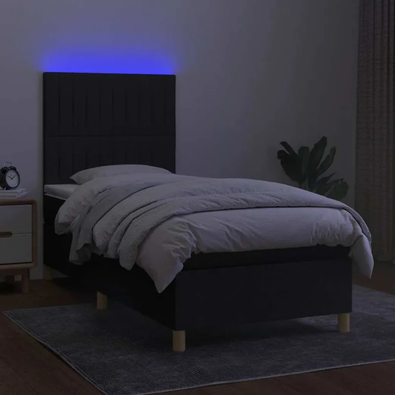 Lova su spyruoklėmis/čiužiniu/LED, juoda, 90x200 cm, audinys