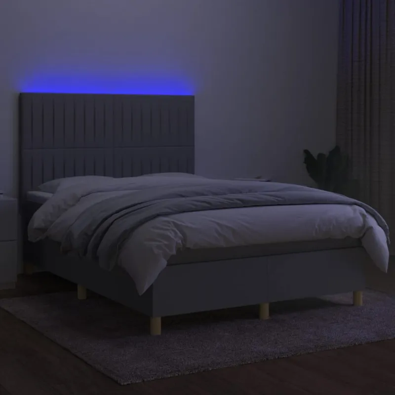Lova su spyruoklėmis/čiužiniu/LED, pilka, 140x190 cm, audinys