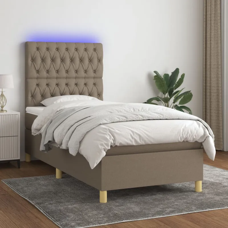Lova su spyruoklėmis/čiužiniu/LED, taupe, 90x190 cm, audinys