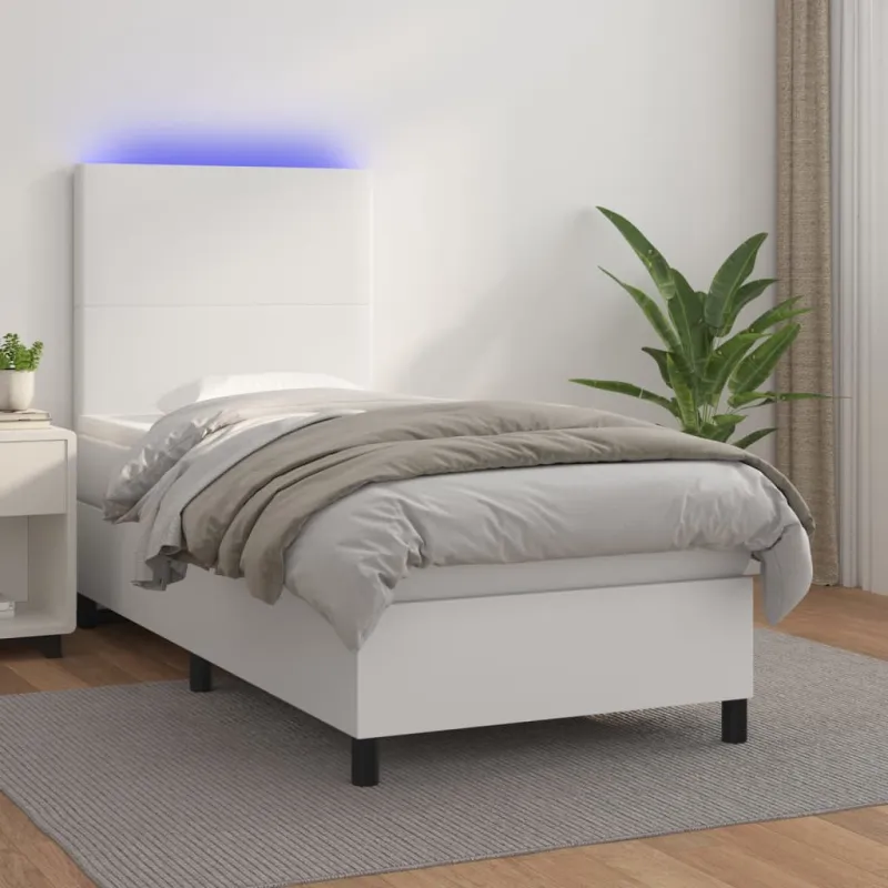 Lova su spyruoklėmis/čiužiniu/LED, balta 100x200cm dirbtinė oda