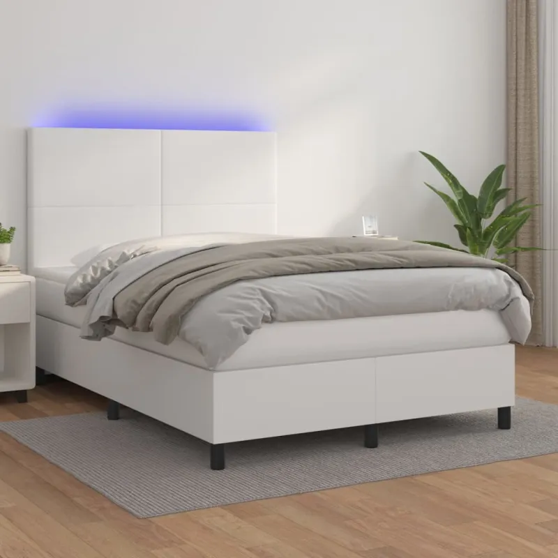 Lova su spyruoklėmis/čiužiniu/LED, balta 140x190cm dirbtinė oda