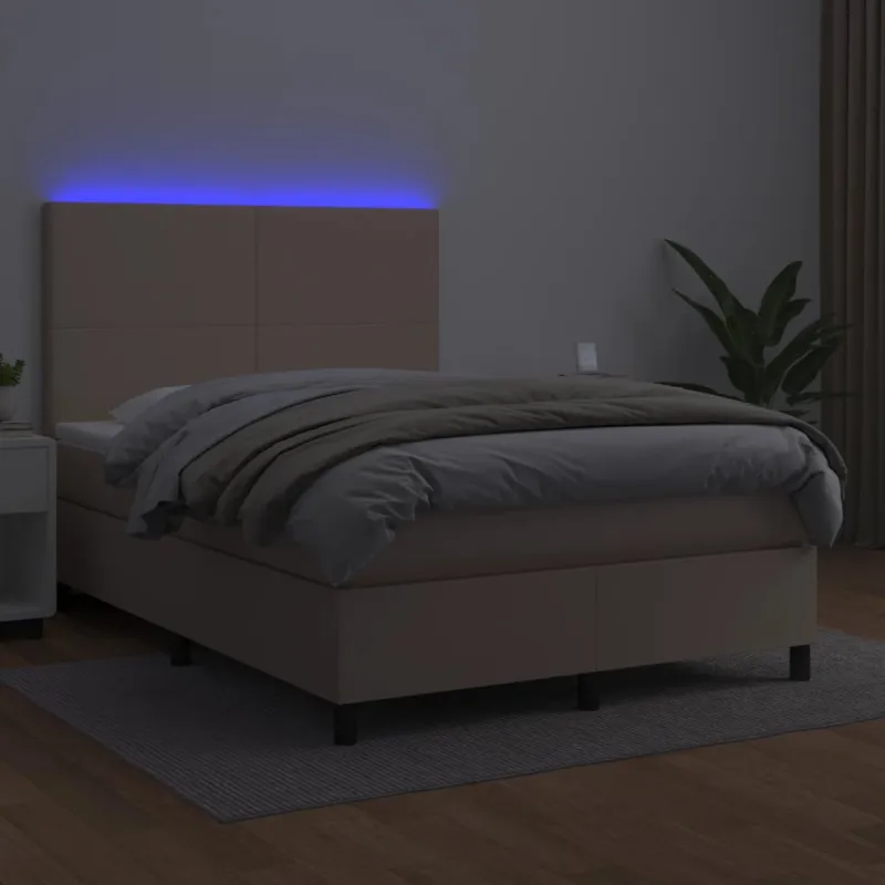 Lova su spyruoklėmis/čiužiniu/LED, kapučino, 140x190cm dirbtinė
