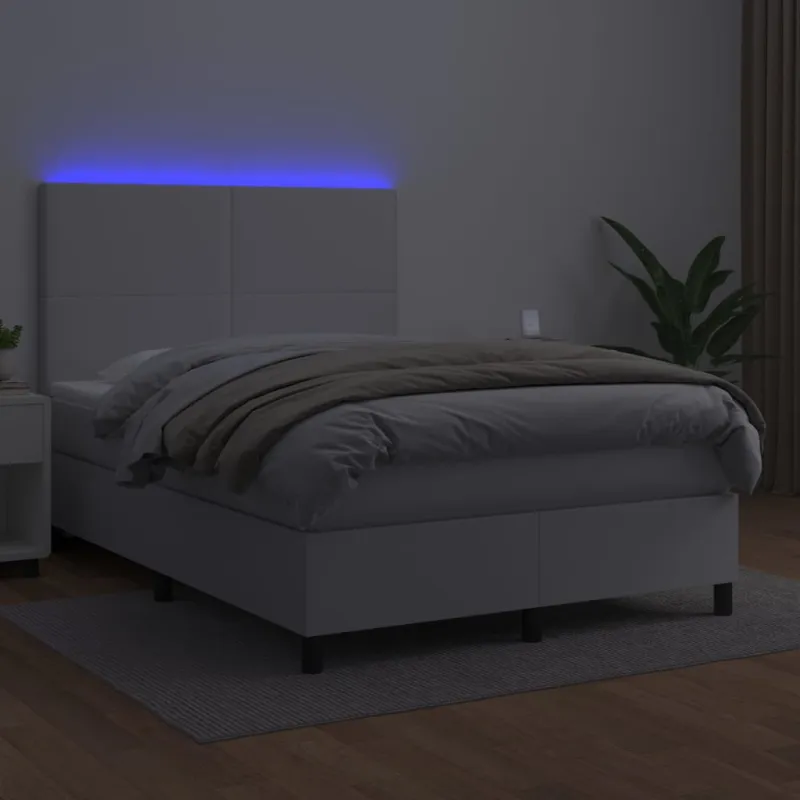 Lova su spyruoklėmis/čiužiniu/LED, balta 140x200cm dirbtinė oda