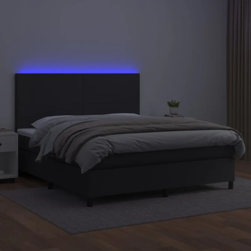 Lova su spyruoklėmis/čiužiniu/LED, juoda 160x200cm dirbtinė oda