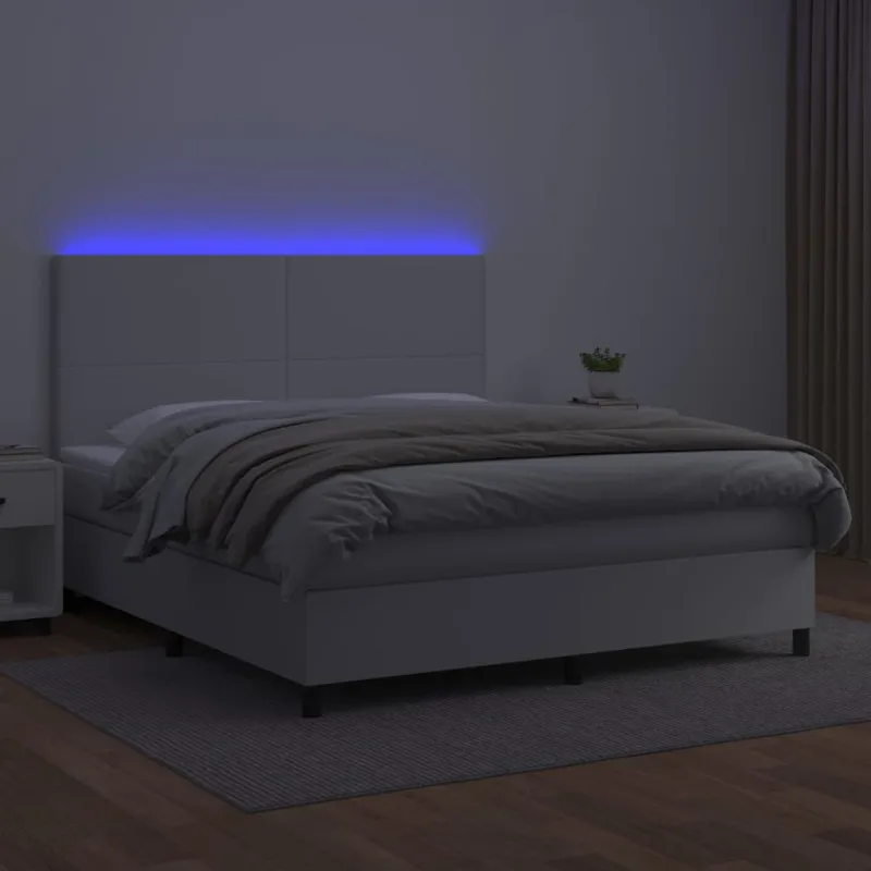 Lova su spyruoklėmis/čiužiniu/LED, balta 160x200cm dirbtinė oda