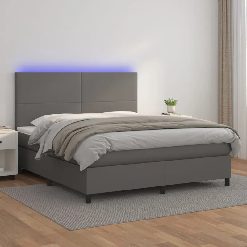 Lova su spyruoklėmis/čiužiniu/LED, pilka 180x200cm dirbtinė oda