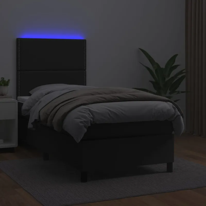 Lova su spyruoklėmis/čiužiniu/LED, juoda, 90x200cm dirbtinė oda