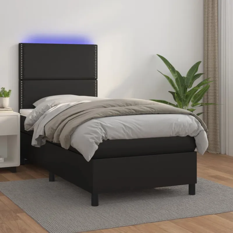 Lova su spyruoklėmis/čiužiniu/LED, juoda 100x200cm dirbtinė oda