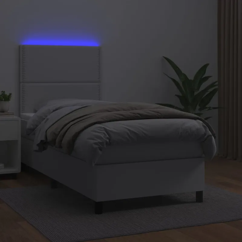 Lova su spyruoklėmis/čiužiniu/LED, balta 100x200cm dirbtinė oda