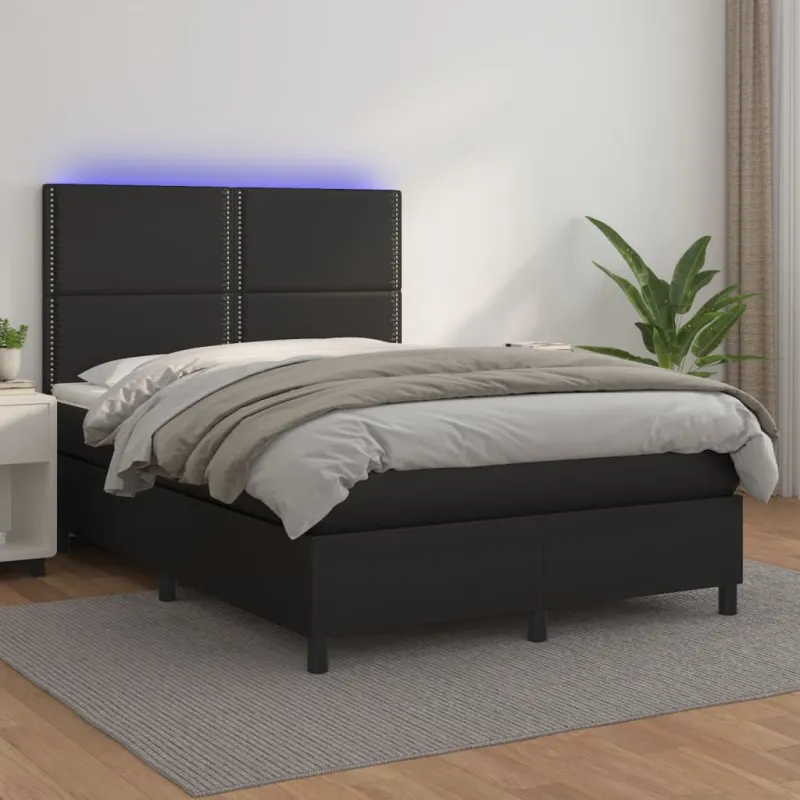Lova su spyruoklėmis/čiužiniu/LED, juoda 140x200cm dirbtinė oda
