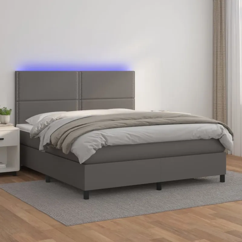 Lova su spyruoklėmis/čiužiniu/LED, pilka 180x200cm dirbtinė oda