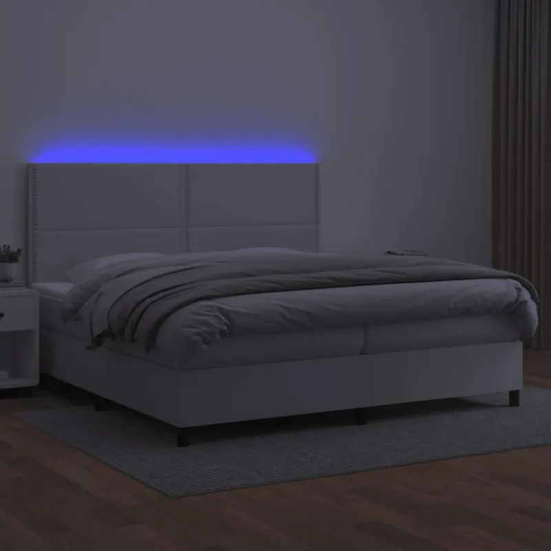 Lova su spyruoklėmis/čiužiniu/LED, balta 200x200cm dirbtinė oda
